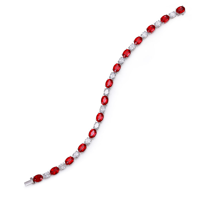 16.08 Carat Scarlet Tennis・Oval Vivid Red Lab Ruby 18K Alternating Diamond Tennis Bracelet