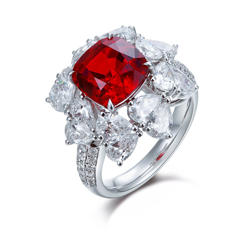 5.02 Carat Cushion Lab Pigeon’s Blood Ruby 18K Gold Pear Floral Ring