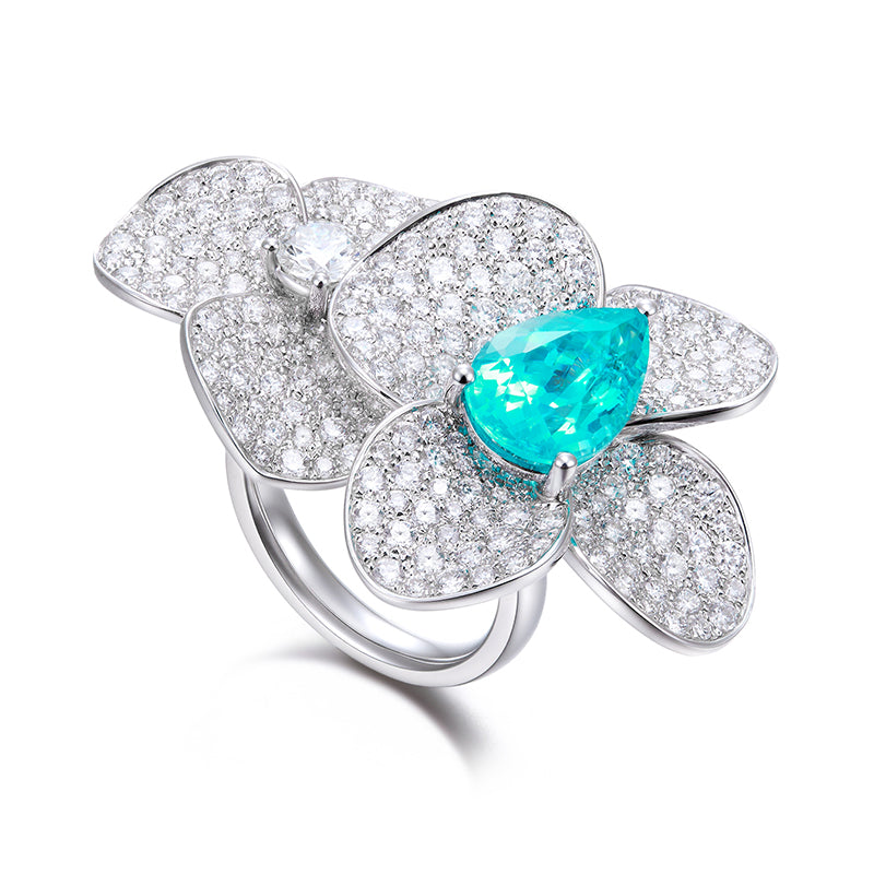 5.26 Carat Lab Neon Blue Paraiba 18K Full Pave Diamond Orchid Ring