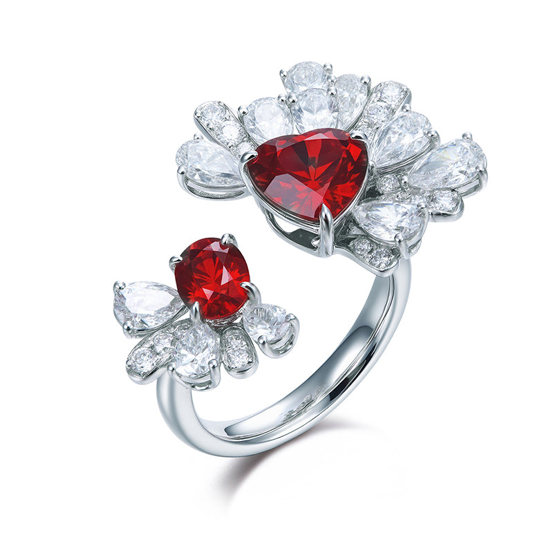 3.8 Carat Twin Flame Heart・Dual-Stone Heart Lab Pigeon’s Blood Ruby 18K Gold Open Ring