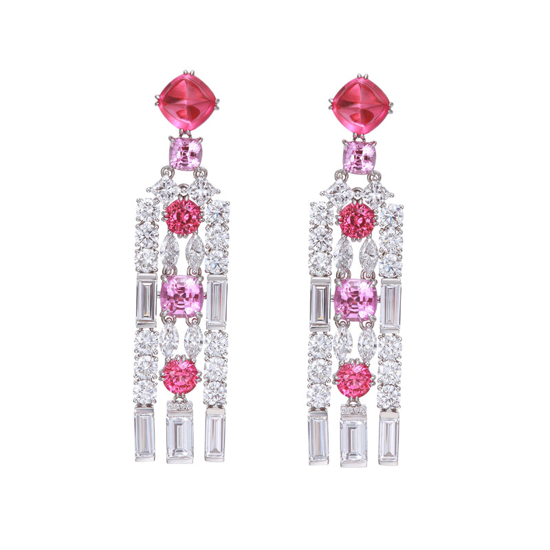 10 Carat Gradient Pink Lab Jubilee Ruby 18K Gold Tassel Drop Earrings