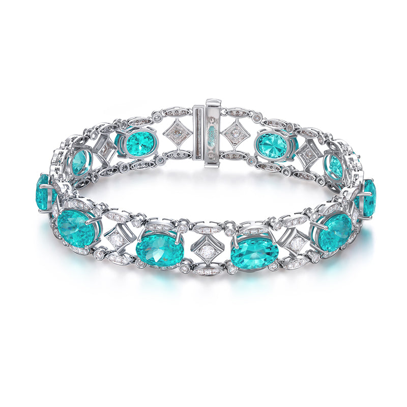 27.56 Carat Aqua Mosaic Chain・Oval Neon Blue Lab Paraiba 18K Gold Geometric Hollow Diamond Bracelet