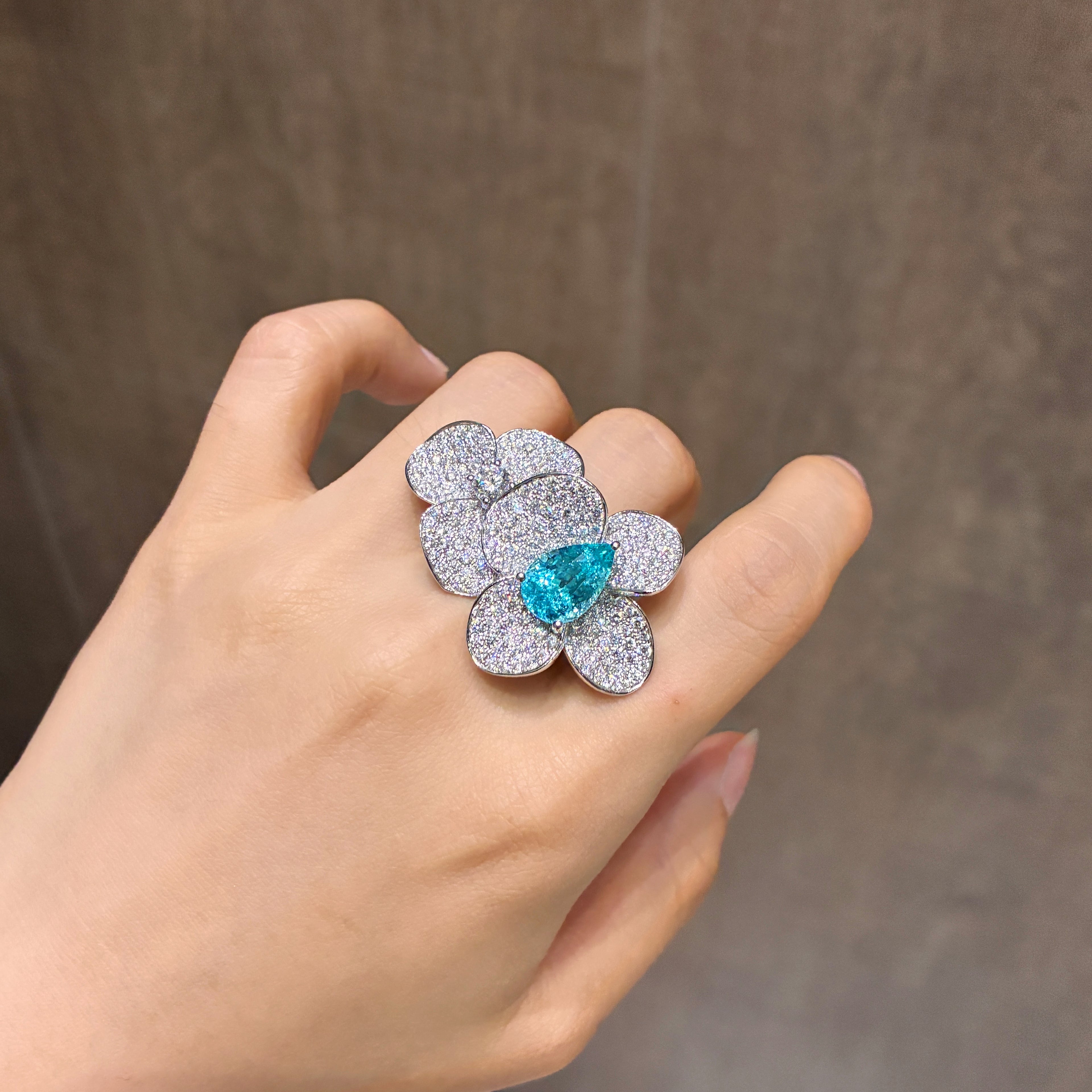 5.26 Carat Lab Neon Blue Paraiba 18K Full Pave Diamond Orchid Ring