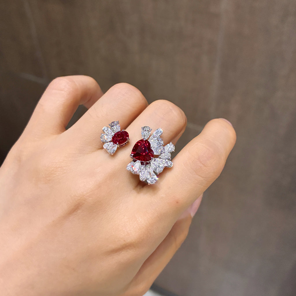 3.8 Carat Twin Flame Heart・Dual-Stone Heart Lab Pigeon’s Blood Ruby 18K Gold Open Ring