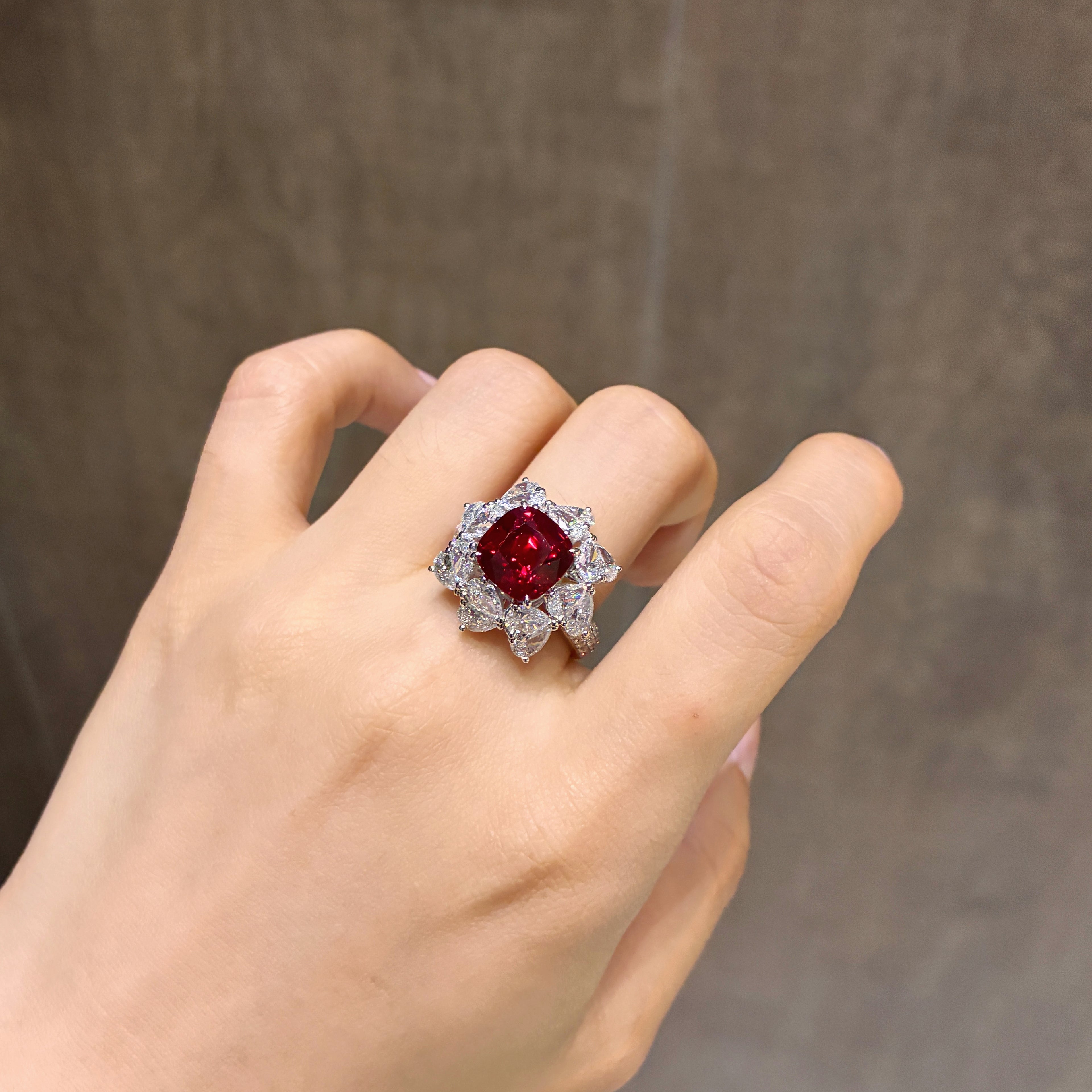 5.02 Carat Cushion Lab Pigeon’s Blood Ruby 18K Gold Pear Floral Ring