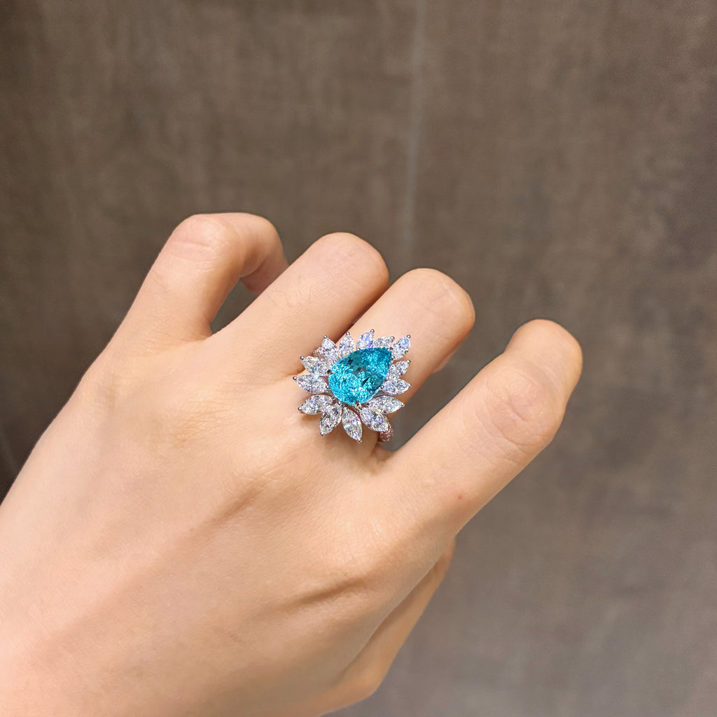 5.78 Carat Lab Neon Blue Paraiba 18K Gold Pear Lotus Ring