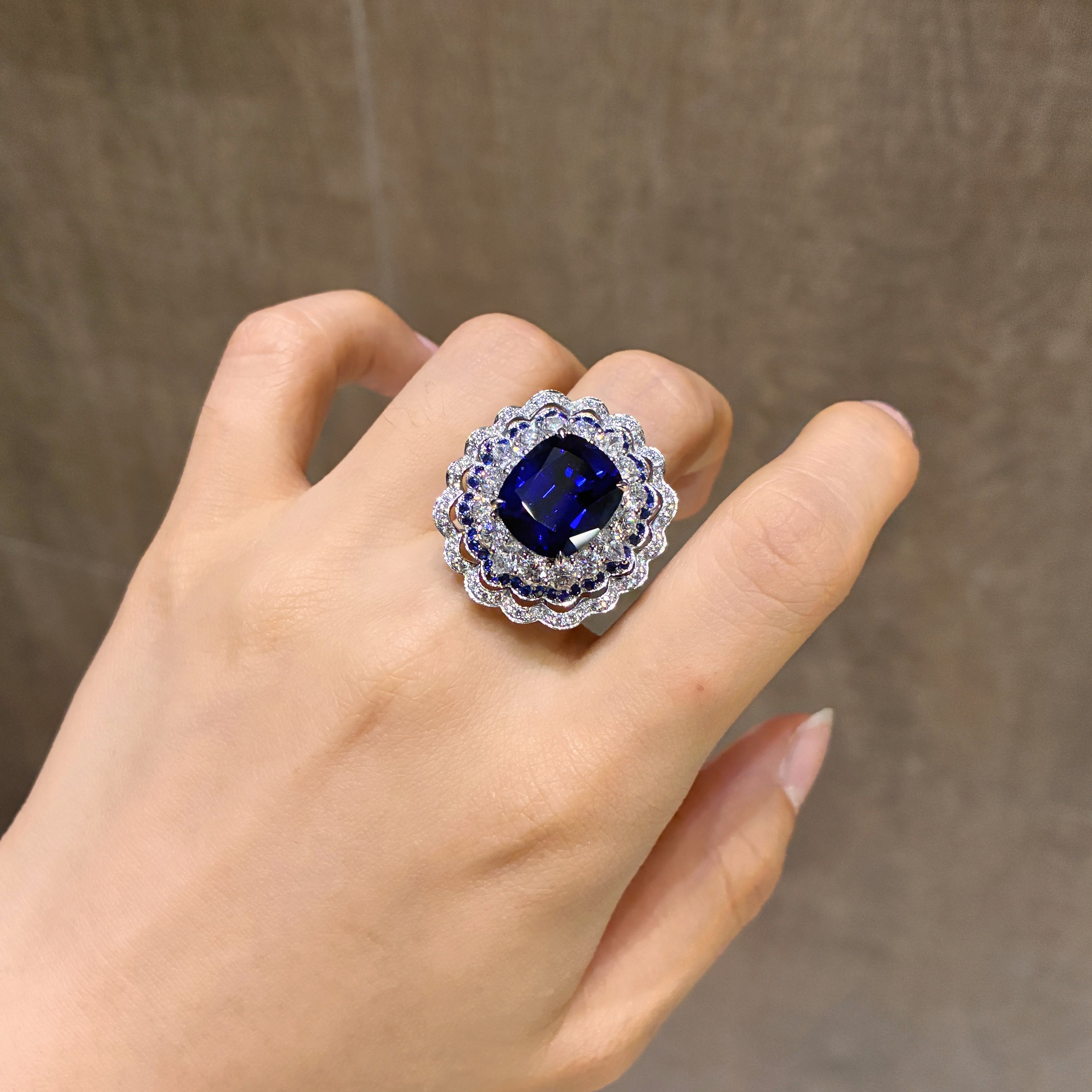 10.8 Carat Royal Lace・Cushion Lab Royal Blue Sapphire 18K Gold Double Lace Halo Ring