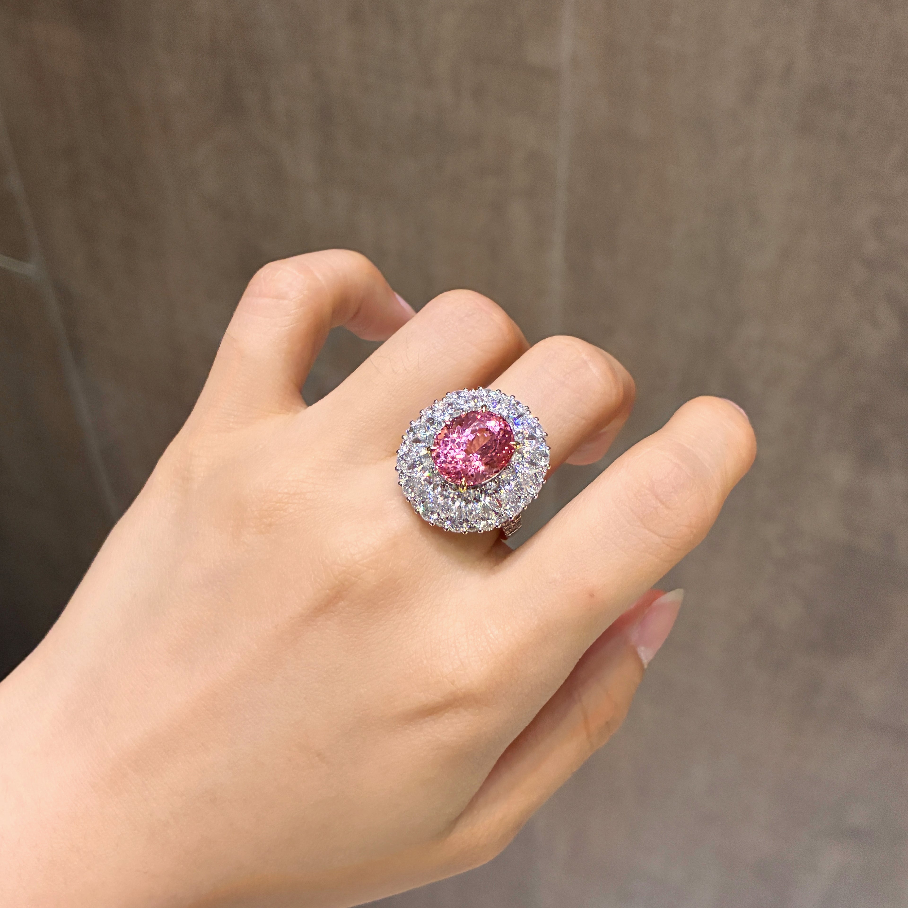 7.02 Carat Lab Sunset Padparadscha Sapphire 18K Gold Graduated Pear Ring