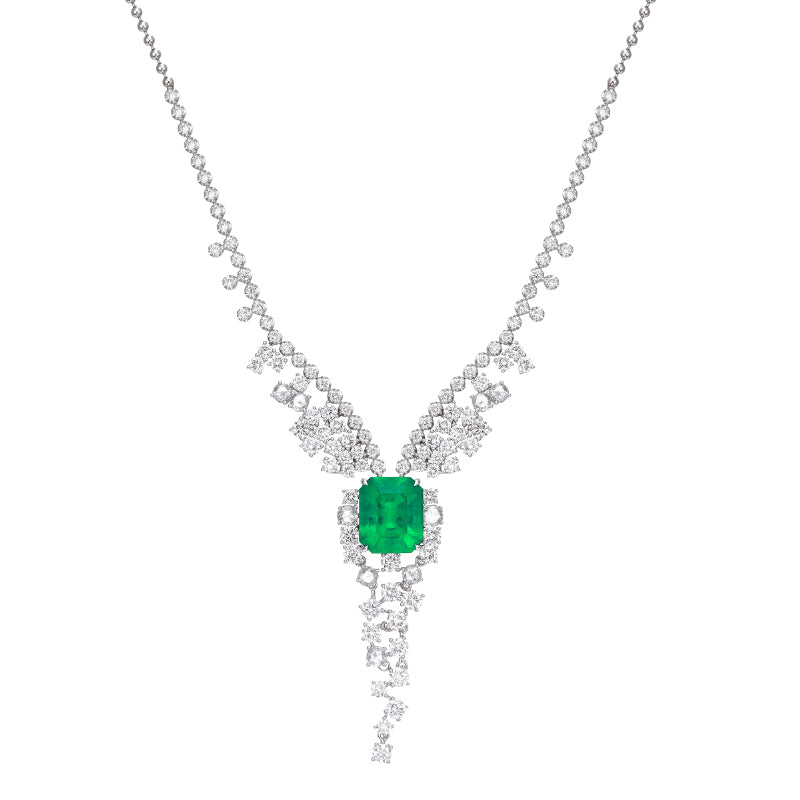 3.18 Carat Emerald Cascade · Cushion Lab Colombian Green Emerald 18K Diamond Drop Necklace