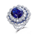 Mifanse 10.8 Carat Royal Lace・Cushion Lab-Grown Royal Blue Sapphire 18K Gold Double Lace Halo Ring