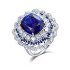 10.8 Carat Royal Lace・Cushion Lab Royal Blue Sapphire 18K Gold Double Lace Halo Ring