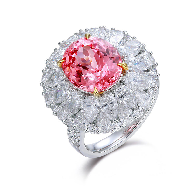 7.02 Carat Lab Sunset Padparadscha Sapphire 18K Gold Graduated Pear Ring