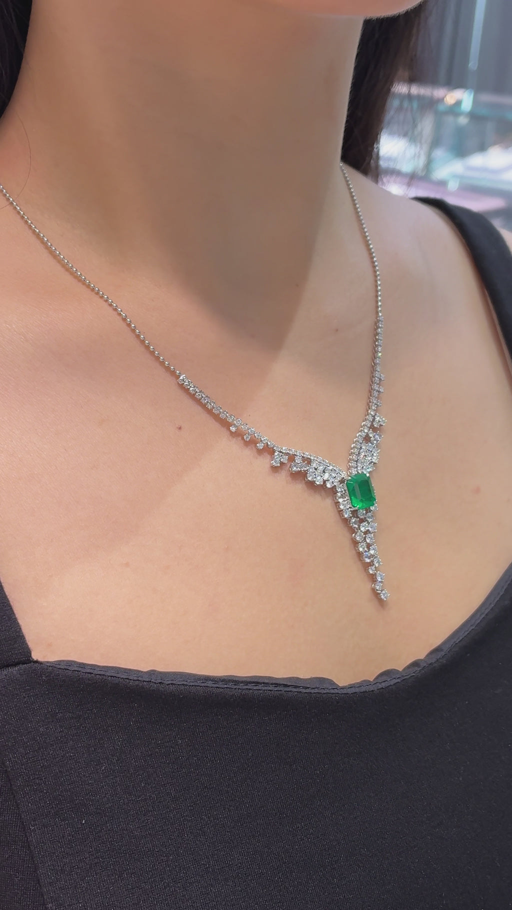 3.18 Carat Emerald Cascade · Cushion Lab Colombian Green Emerald 18K Diamond Drop Necklace