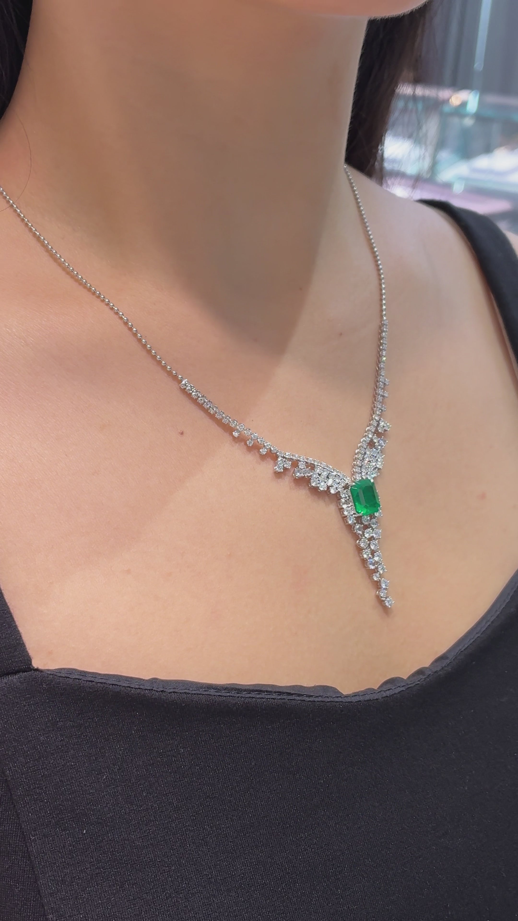 3.18 Carat Emerald Cascade · Cushion Lab Colombian Green Emerald 18K Diamond Drop Necklace