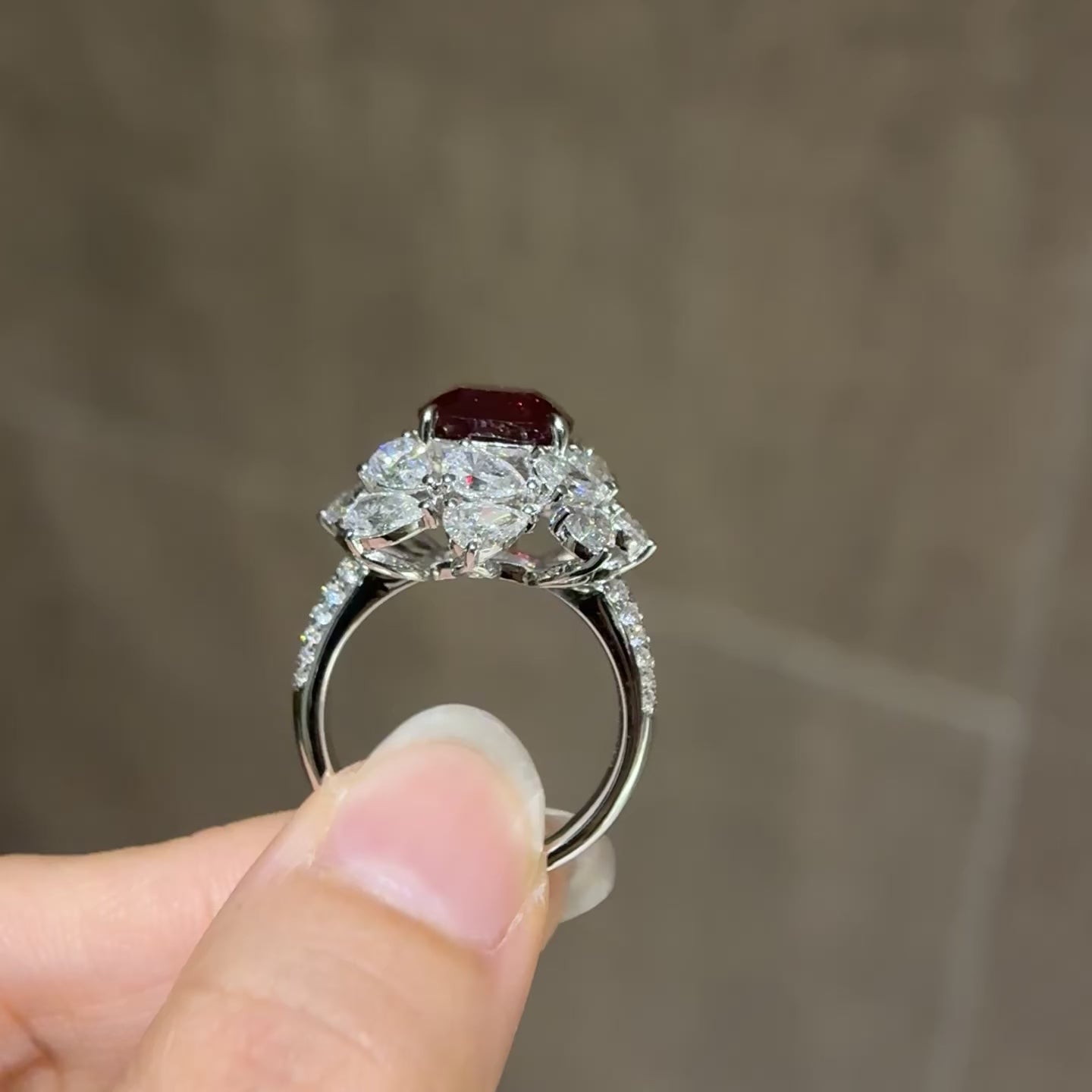 5.02 Carat Cushion Lab Pigeon’s Blood Ruby 18K Gold Pear Floral Ring
