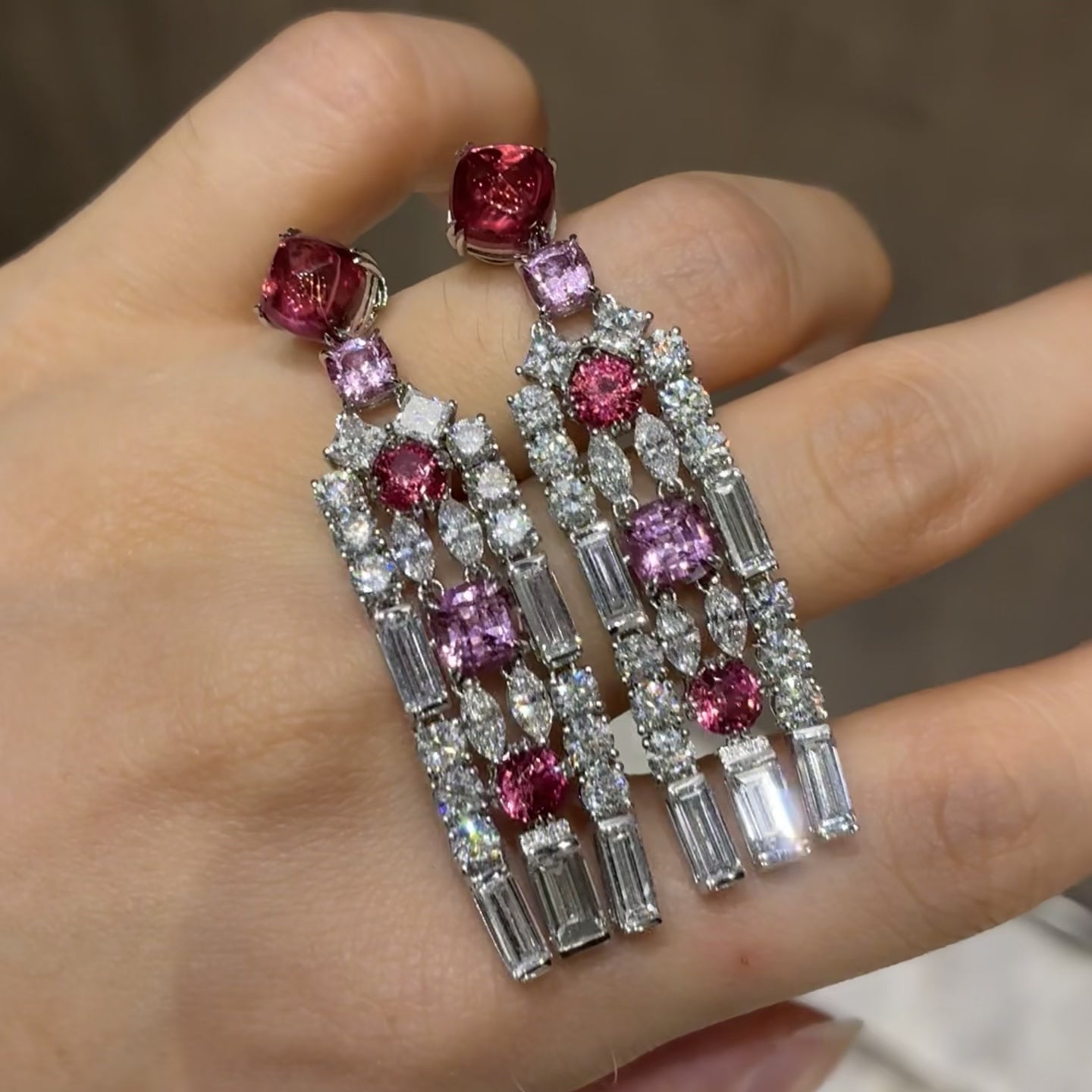 10 Carat Gradient Pink Lab Jubilee Ruby 18K Gold Tassel Drop Earrings