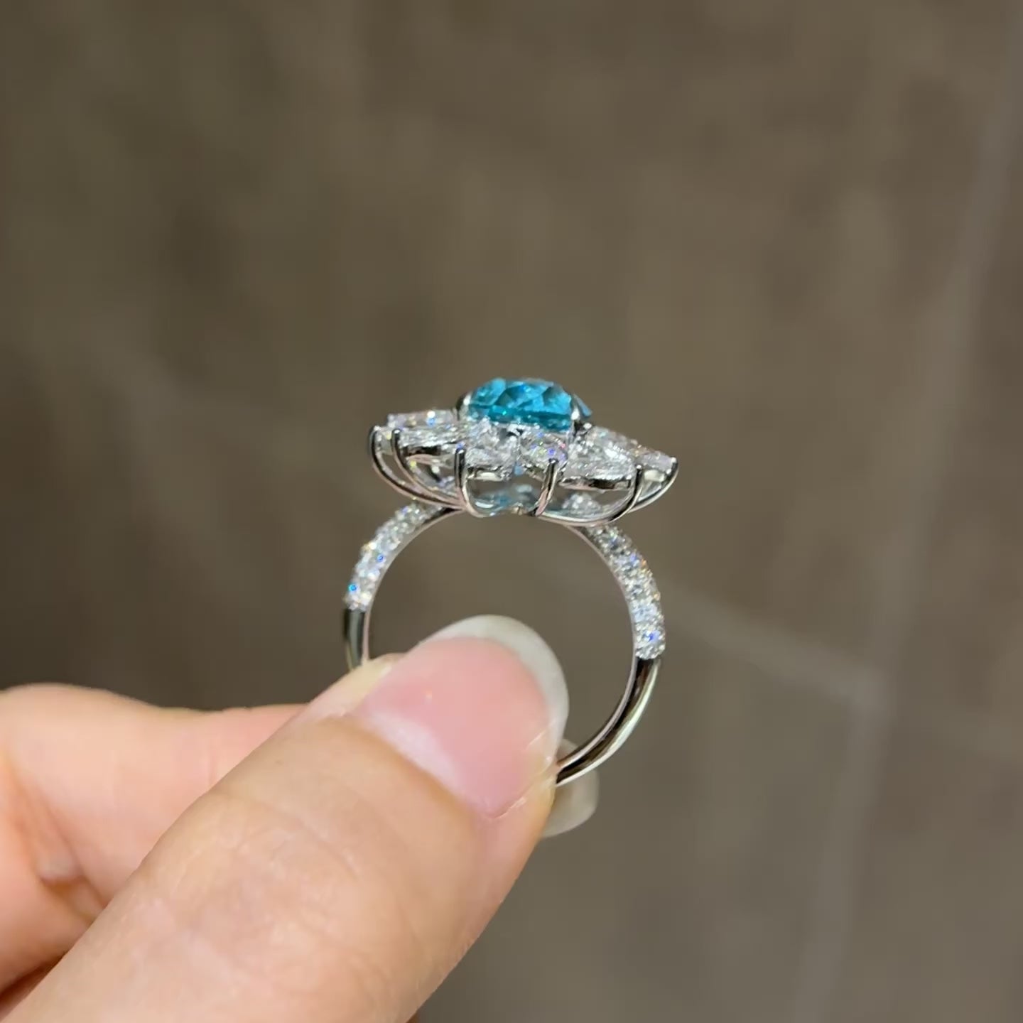 5.78 Carat Lab Neon Blue Paraiba 18K Gold Pear Lotus Ring
