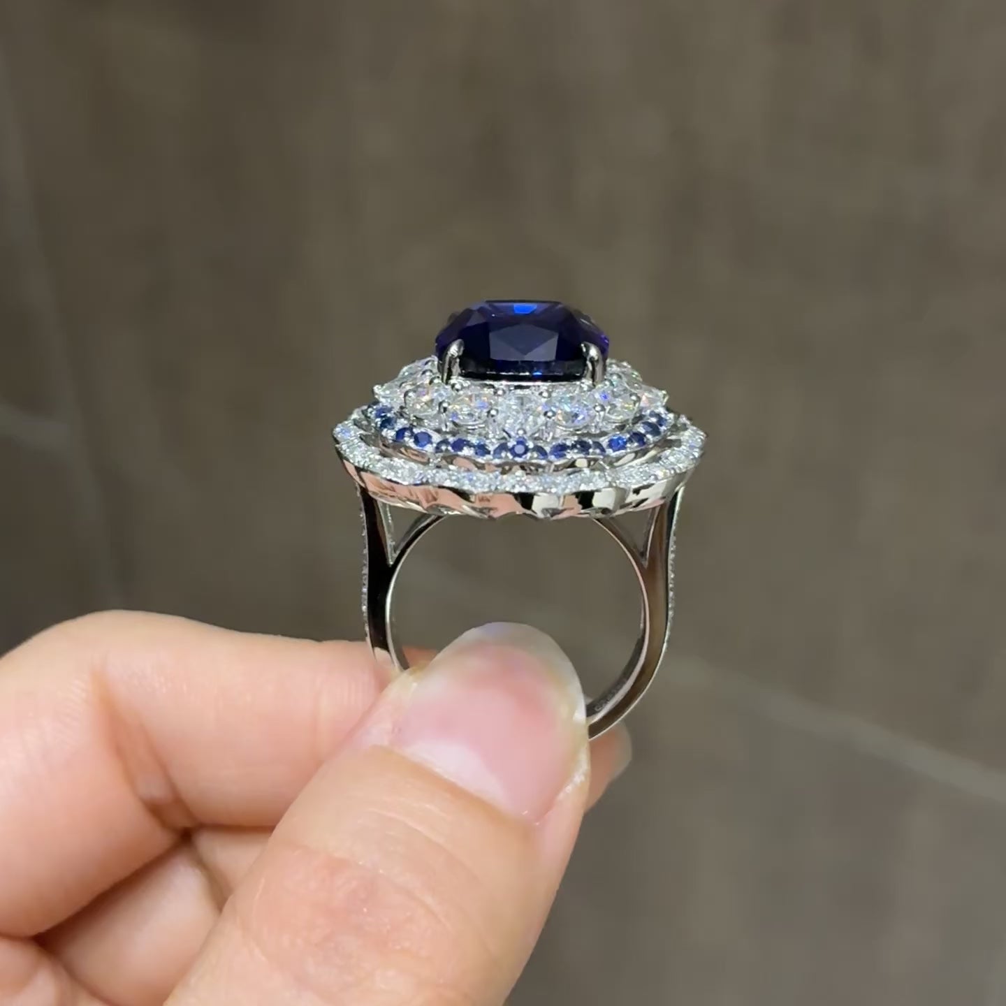 10.8 Carat Royal Lace・Cushion Lab Royal Blue Sapphire 18K Gold Double Lace Halo Ring