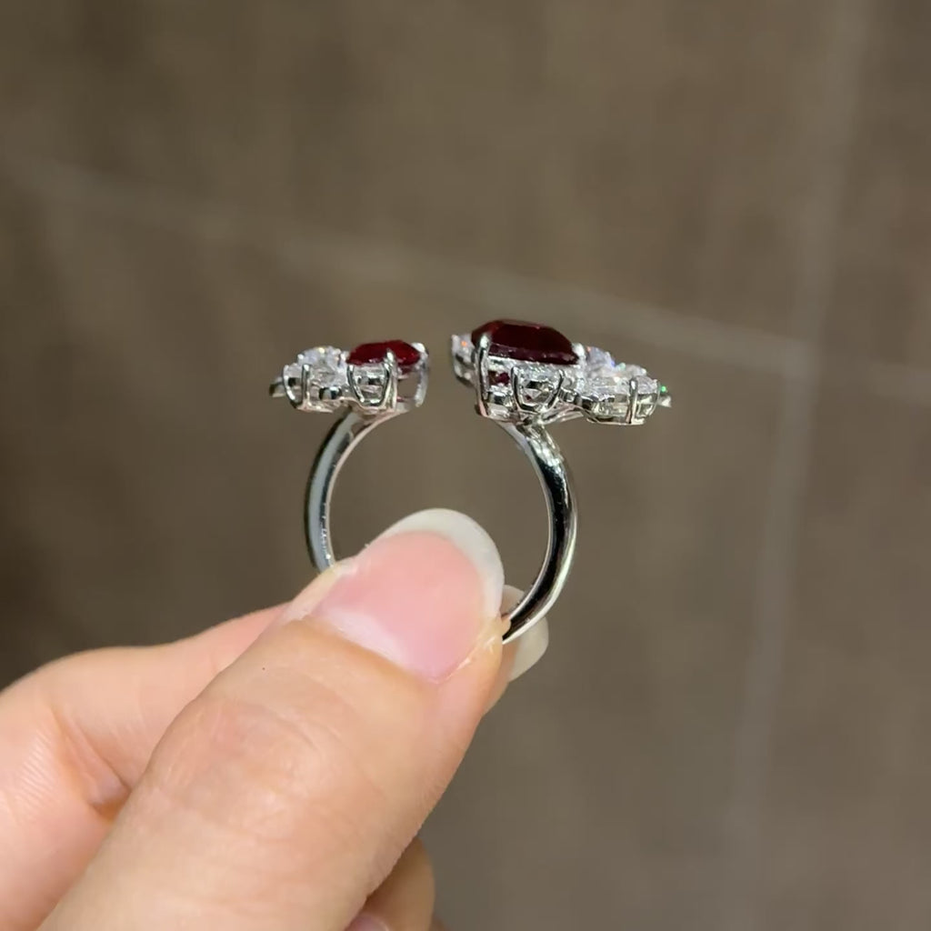 3.8 Carat Twin Flame Heart・Dual-Stone Heart Lab Pigeon’s Blood Ruby 18K Gold Open Ring